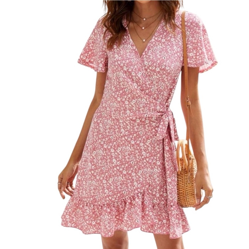 Chic Dusty Rose Pink Floral Mini Ruffled Wrap Romantic Dress size Medium